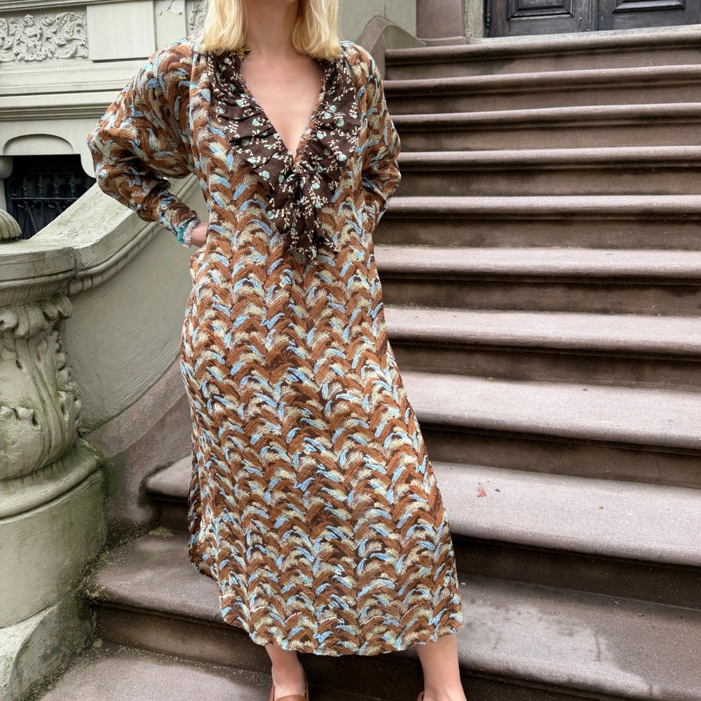 Yvonne S 100% Linen Dress S Relaxed Brown Boho Midi Statement European Summer